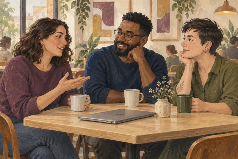 Illustration of three adults talking over coffee at a cafe