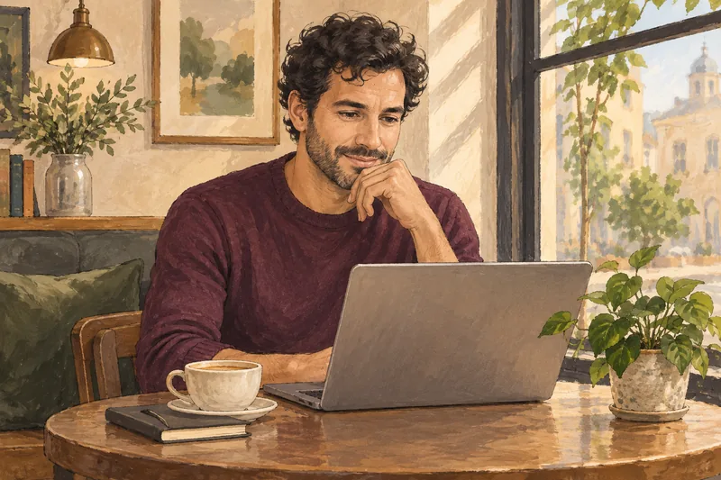 Illustration of an adult man using a laptop in a cafe